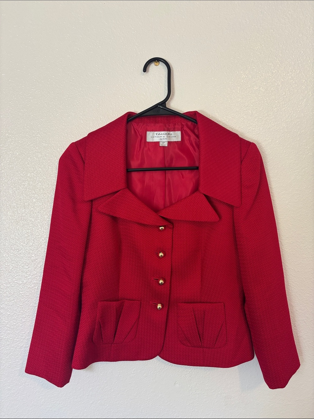 Tahari Red Textured Blazer with Gold Buttons